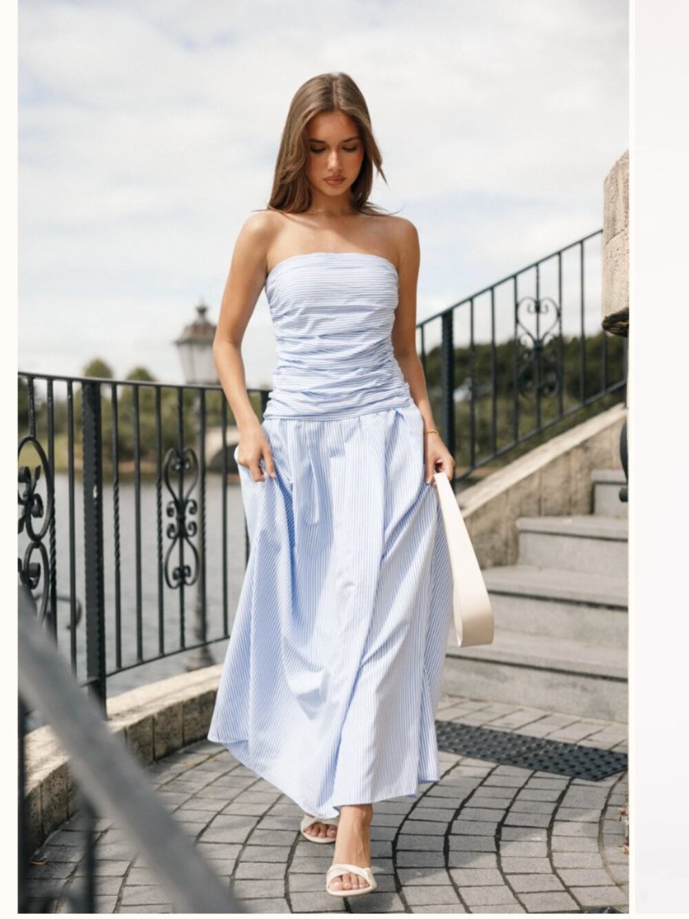 Petal & Pup Light Blue and White Striped Strapless Maxi Dress